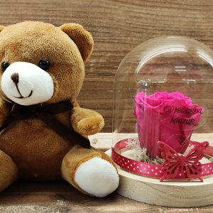 Dehidrirana ruža u staklenom zvonu + medvjedić  144Z