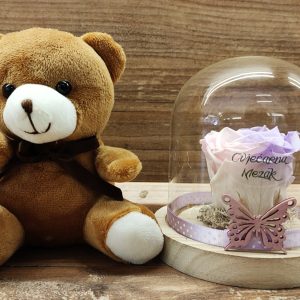 Dehidrirana ruža u staklenom zvonu + medvjedić 145Z