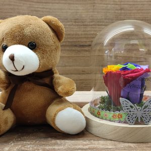 Dehidrirana ruža u staklenom zvonu + medvjedić 37Z