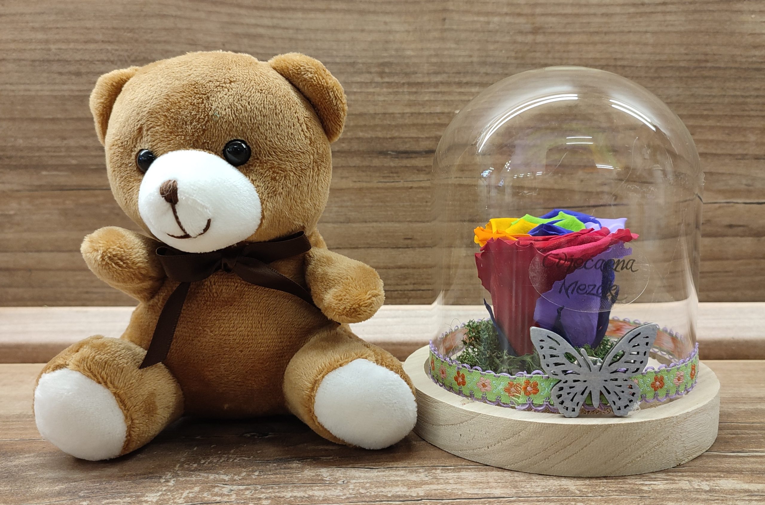 Dehidrirana ruža u staklenom zvonu + medvjedić 37Z